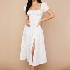 3 Pks White Floral Square Neck Puff Sleeve Fashionable Romantic Casual Summer Midi Dress