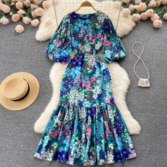 5 Pks Retro Print Bubble Sleeve High Waist Thin Temperament Dress