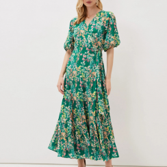 6 Pks Floral Printing Chiffon Casual Dress Summer Lady V Neck Tie Front Maxi Wrap Dresses