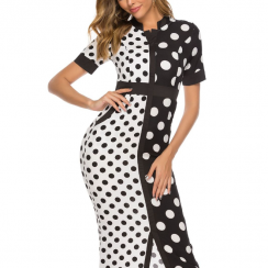 2 Pks Front Split Chiffon Slim White Black Polka Dot Dress