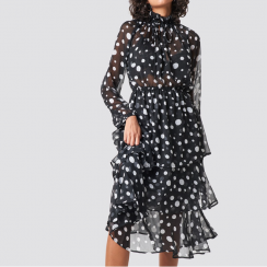 2 Pks Black Chiffon Transparent Polka Dot Long Sleeve Ruffle Dress