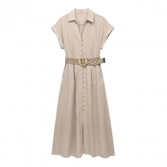 Casual Lapel Short Sleeve With Belt Shirt Dress