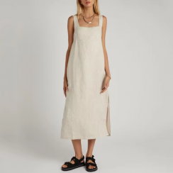 Square Collar Side Slit Midi Linen Slip Dress