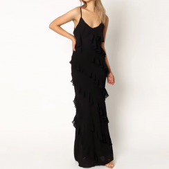 6 Pks Slip V Neck Black Ruffle Elegant Maxi Long Straight Chiffon Dress